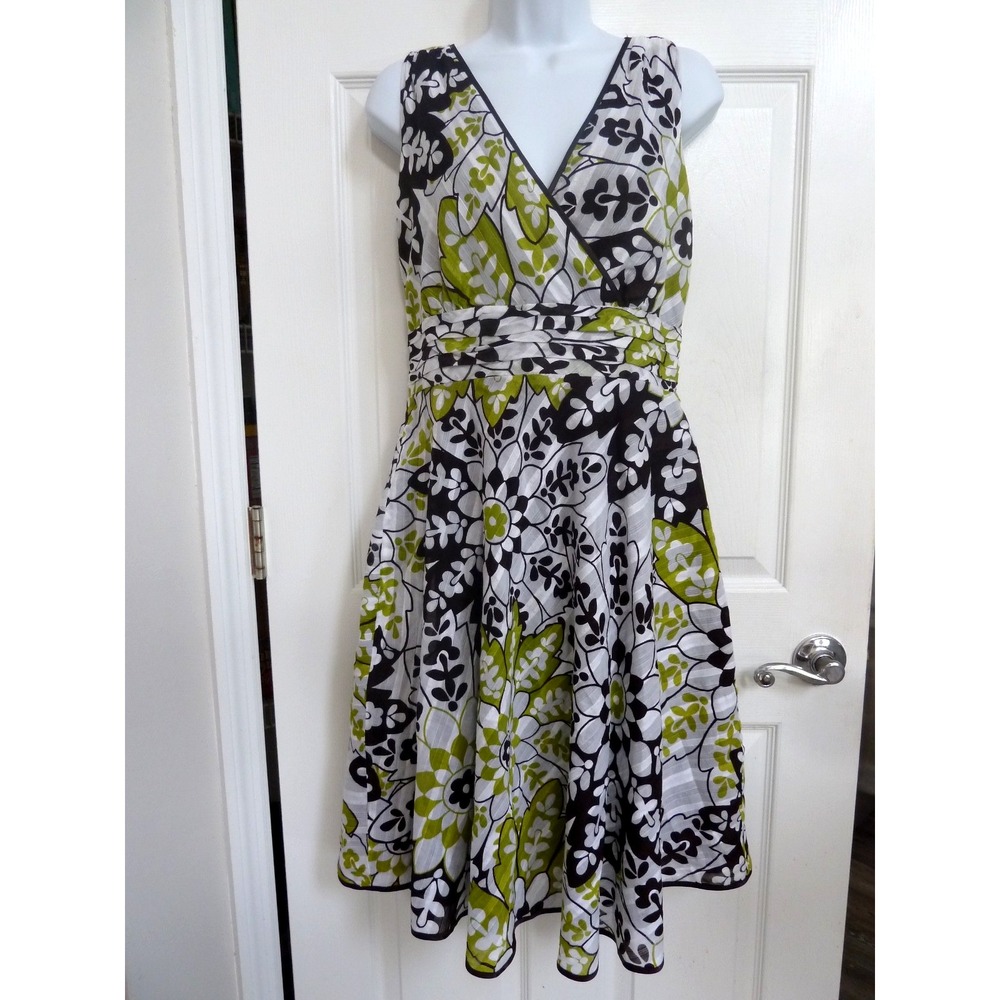 ROBBIE BEE Sz 12 Fit & Flare Midi Dress Floral Retro V-Neck Sleeveless Lined